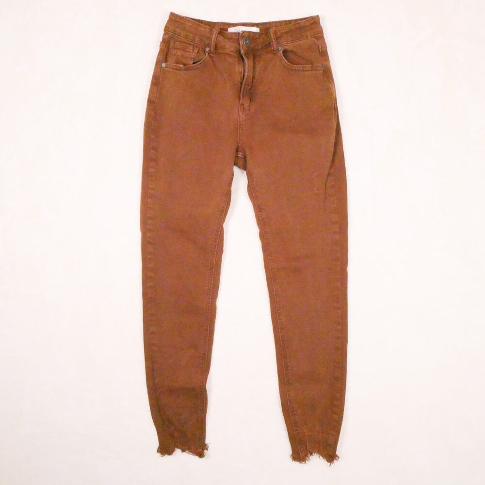 Q2 Brown Distressed Skinny Jeans Size S Spanish Premium Denim Raw Hem Boho